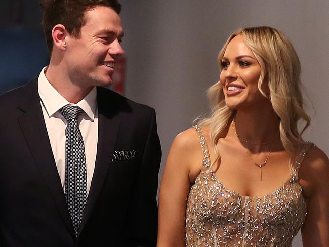 Brownlow Medal in Brisbane.   18/10/2020 . Brisbanes Lachie Neale and wife Julie arrive . Pic: Michael Klein