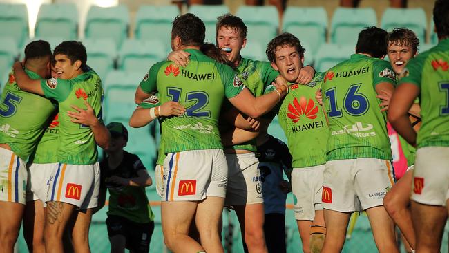 The Raiders celebrate their semi-final win against Manly. Picture: Tim Hunter