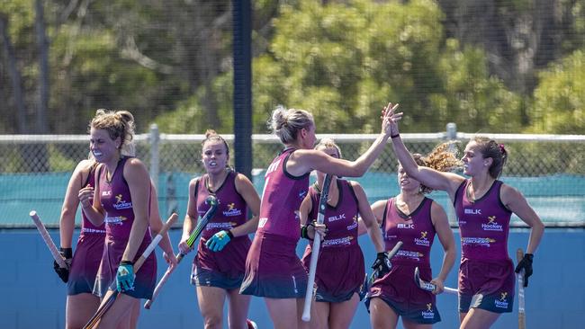 Queensland Scorchers players celebrate a goal against NT Pearls in the Australian Hockey League finals on the Gold Coast. Picture: CLICK IN FOCUS