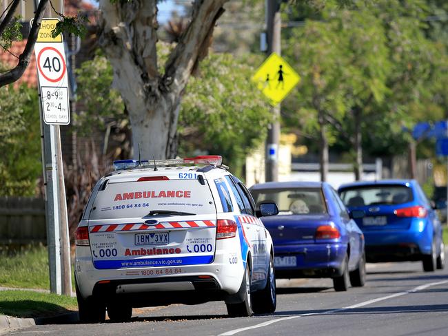 An ambulance at the scene where a boy was found in a car. Picture: Mark Stewart