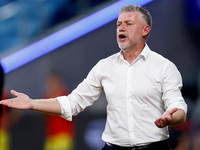 SYDNEY, AUSTRALIA - MARCH 16: Sydney FC Coach Ufuk Talay reacts during the round 23 A-League Men match between Sydney FC and Wellington Phoenix at Allianz Stadium, on March 16, 2025, in Sydney, Australia. (Photo by Brendon Thorne/Getty Images)