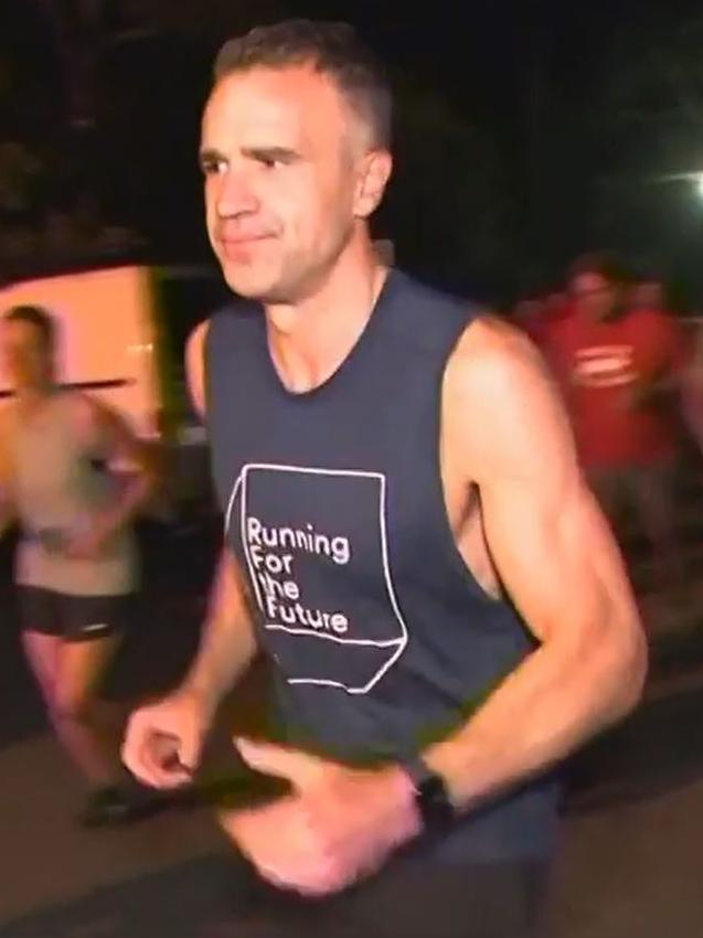 A sweaty Peter Malinauskas was interviewed on Sky News wearing a singlet and running gear this morning. Picture: Supplied/Sky News