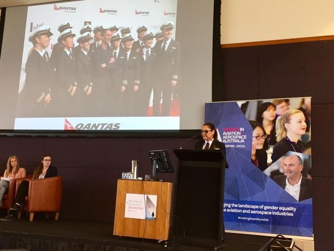 Davida Forshaw speaking at the Women in Aviation/Aerospace Australia Summit October 19th 2016 in Melbourne, Australia. Picture: Facebook/The International Society of Women Airline Pilots