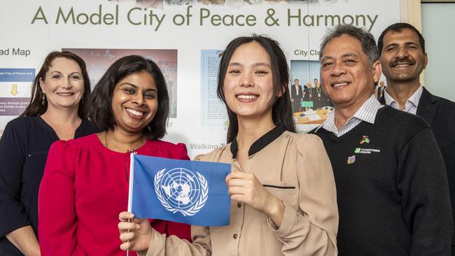 Ready for Saturday's International Day of Peace in Toowoomba are (from left) Genevieve Allpass, "Advancing in Peace" chair Dr Uma Kumar, Conni Qu of Pure Land College, Roberto Garcia of Toowoomba Regional Council and Dr Kumar Gandu of the Heartfulness Institute of Australia. Picture: Nev Madsen.