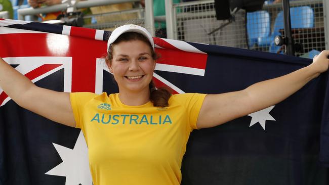 Catherine Skinner celebrates her gold medal in the women’s trap.