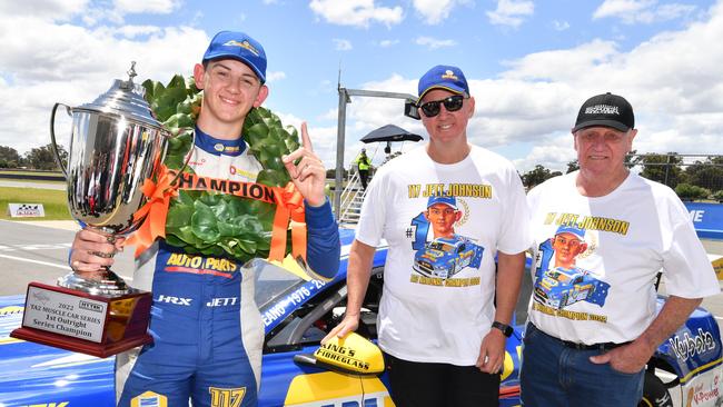 Young gun Jett Johnson with his father Steven Johnson and grandfather Dick Johnson after winning his first national title in the TA2 Racing series. Picture: TA2 Racing Australia