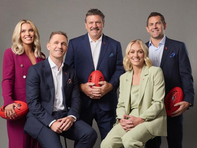 Channel 7 footy commentators Abbey Holmes, Joel Selwood, Brian Taylor, Erin Phillips and Luke Hodge. Picture: Channel 7