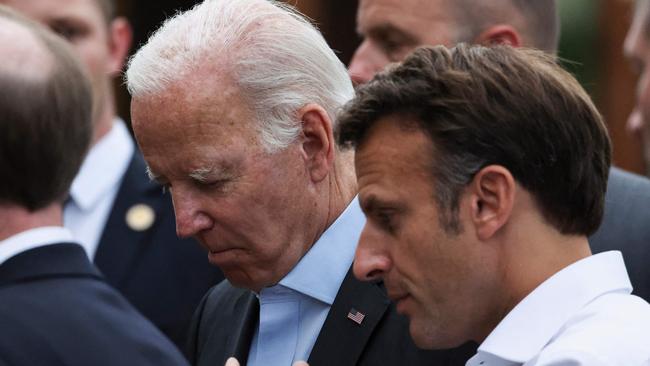 US President Joe Biden and French President Emmanuel Macron condemned the missiles attack from their G7 summit in Bavaria. Picture: AFP