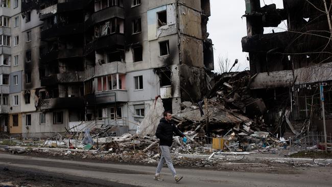 A man walks in the destroyed residential area in Borodianka, Ukraine. The Russian retreat from Borodianka and other towns near Kyiv have revealed the extent of devastation from that country's failed attempt to seize the Ukrainian capital. Picture: Getty Images