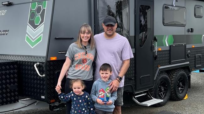 Lauren and Stan Costen with their children Stanley, 6, and Malachy, 4 . The family have been road-tripping Australia while they do homeschooling.
