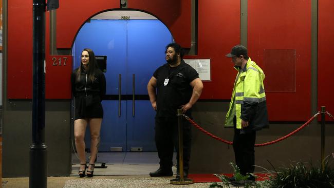 Dimity Mazepa and Junior Perez at the door of The Cabaret Nightclub in Brunswick Street, Fortitude Valley in June, 2019. Picture: AAP/David Clark