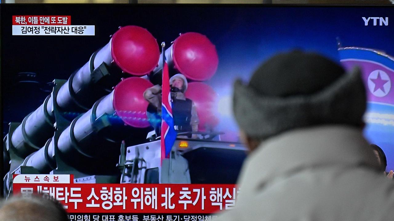 A news broadcast with file footage of a North Korean military parade, at a railway station in Seoul on February 20, 2023. Picture: Anthony Wallace/AFP