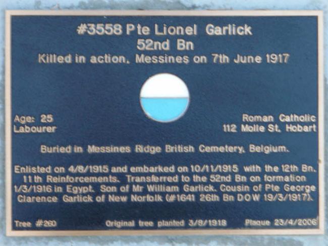 Private Lionel Garlick’s plaque on the Soldiers’ Memorial Avenue.