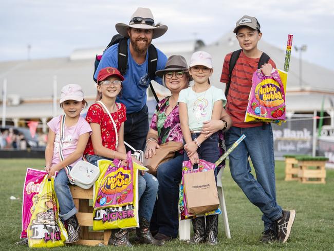 Having a good day are (from left) Scott and Kimberley Myers with kids (from left) Piper, April, Shelby and Lane at the Toowoomba Royal Show, Friday, March 31, 2023. Picture: Kevin Farmer