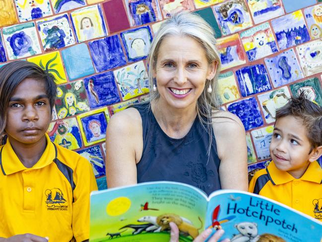 Doctor Lorraine Hammond is revolutionising literacy in the Kimbelrey through her amazing gift of teaching. Patrick Shovellor, Lorraine Hammond, Thomas Harrold.  PIC: Ben Houston for The Australian