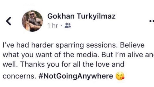 A post to social media by Rebels gang member Gokhan Turkyilmaz saying he has "had harder sparring sessions" after he was shot eight times. Source: Instagram.