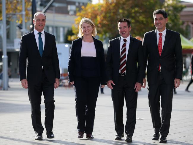 In May 2016, then-Parramatta Council CEO Greg Dyer (left) with former council administrator Amanda Chadwick, former Local Government Minister Paul Toole and current local MP Geoff Lee in Centenary Square.