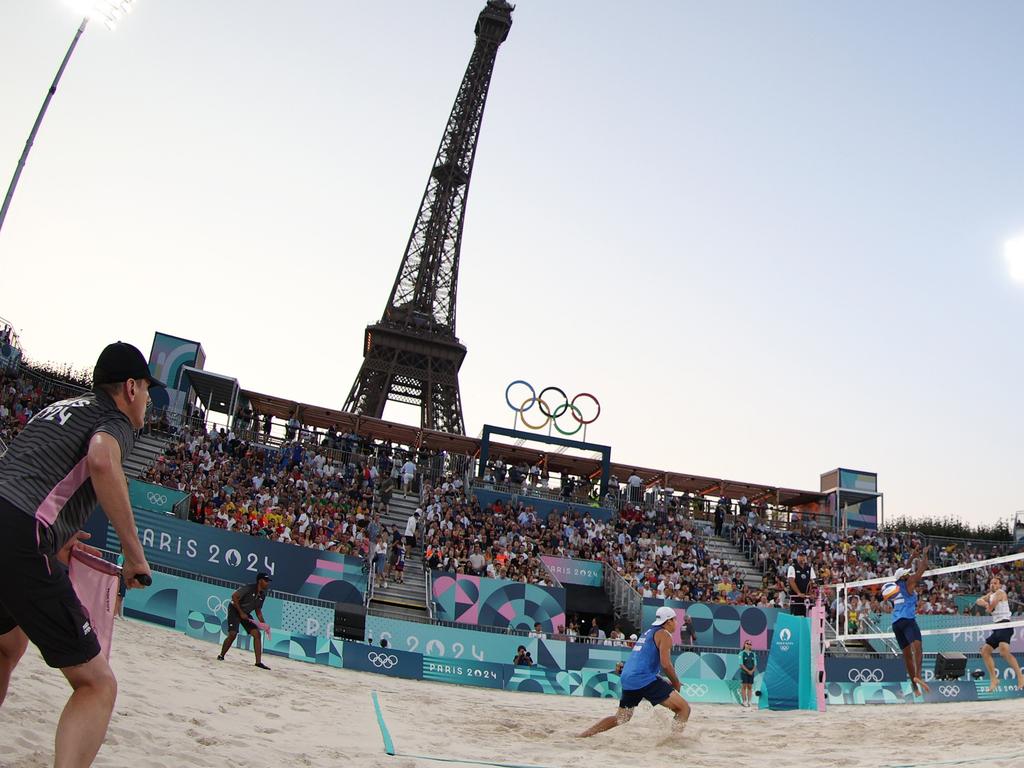 The spectacular outlook for beach volleyball at Eiffel Tower Stadium. Picture: Elsa/Getty Images