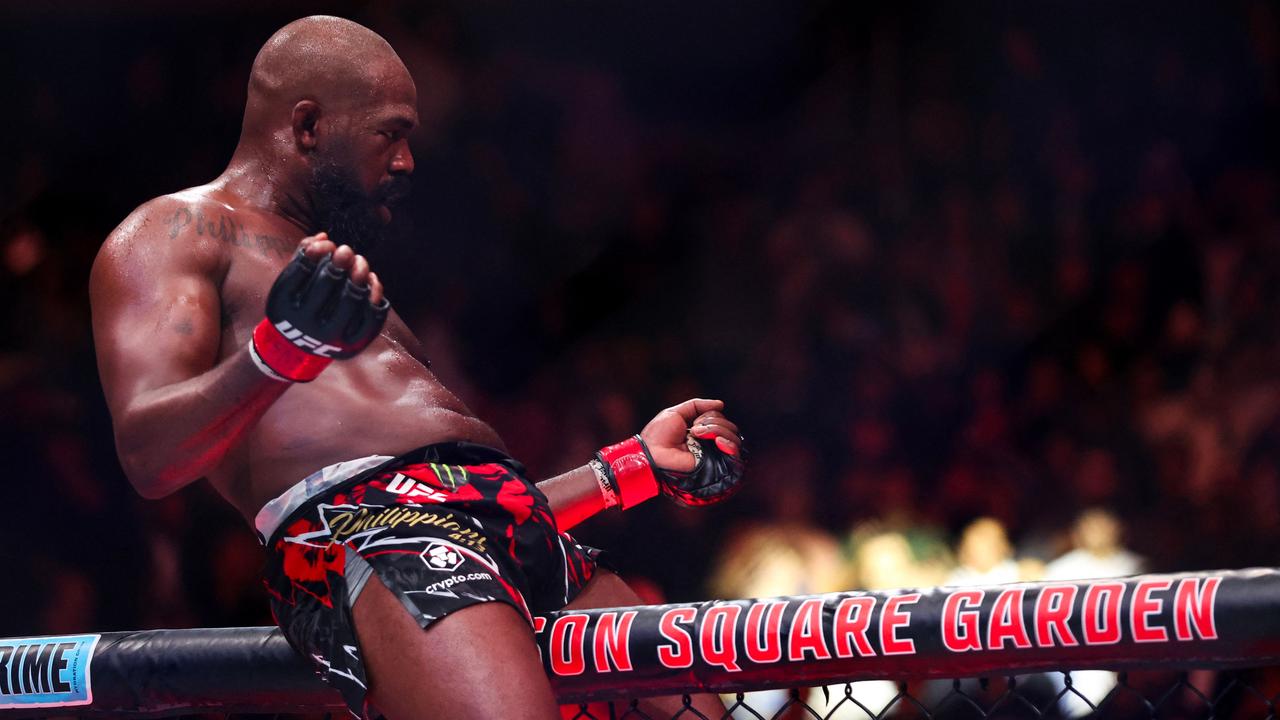 NEW YORK, NEW YORK - NOVEMBER 16: Jon Jones of the United States of America reacts after his TKO victory against Stipe Miocic of the United States of America in the UFC light heavyweight championship fight during the UFC 309 event at Madison Square Garden on November 16, 2024 in New York City. Sarah Stier/Getty Images/AFP (Photo by Sarah Stier / GETTY IMAGES NORTH AMERICA / Getty Images via AFP)