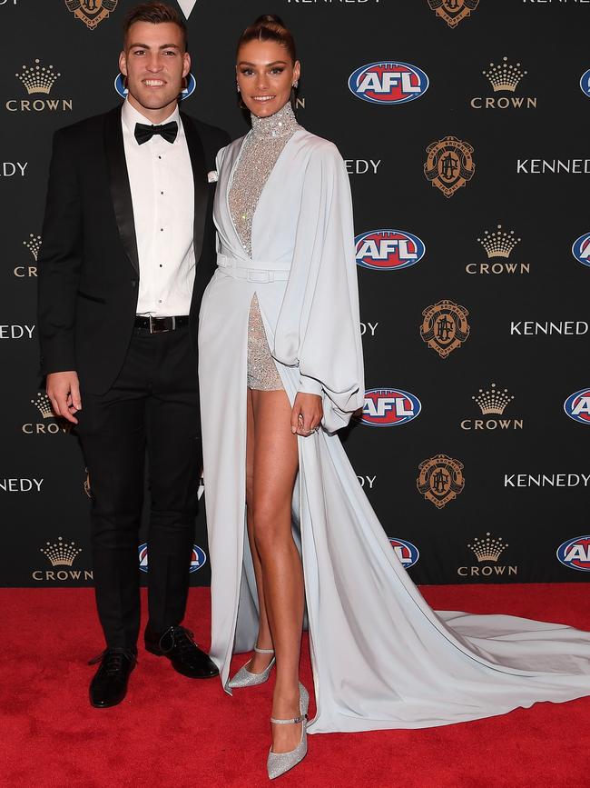 Jack Viney of the Demons and wife Charlotte arrive at the 2019 Brownlow Medal ceremony at the Crown Palladium. Picture: AAP