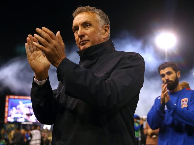 NEWCASTLE, NEW SOUTH WALES - MAY 05: Jets coach Ernie Merrick applauds the crowd as he leave the field after the 2018 A-League Grand Final match between the Newcastle Jets and the Melbourne Victory at McDonald Jones Stadium on May 5, 2018 in Newcastle, Australia.  (Photo by Mark Kolbe/Getty Images)