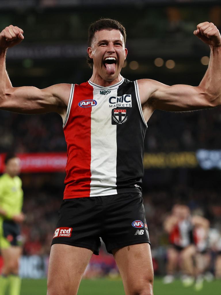 Rowan Marshall of the Saints celebrates a fourth quarter goal in Round 23, which is something he wants to be doing much more in 2024. Picture: Michael Klein.