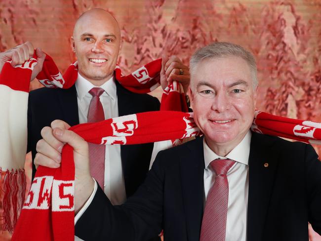 MELBOURNE, AUSTRALIA - NewsWire Photos, SEPTEMBER 8, 2022. (AUS PHOTO) Sydney Swans powerbrokers; chairman Andrew Pridham (R) and CEO Tom Harley. Picture: NCA NewsWire / David Crosling