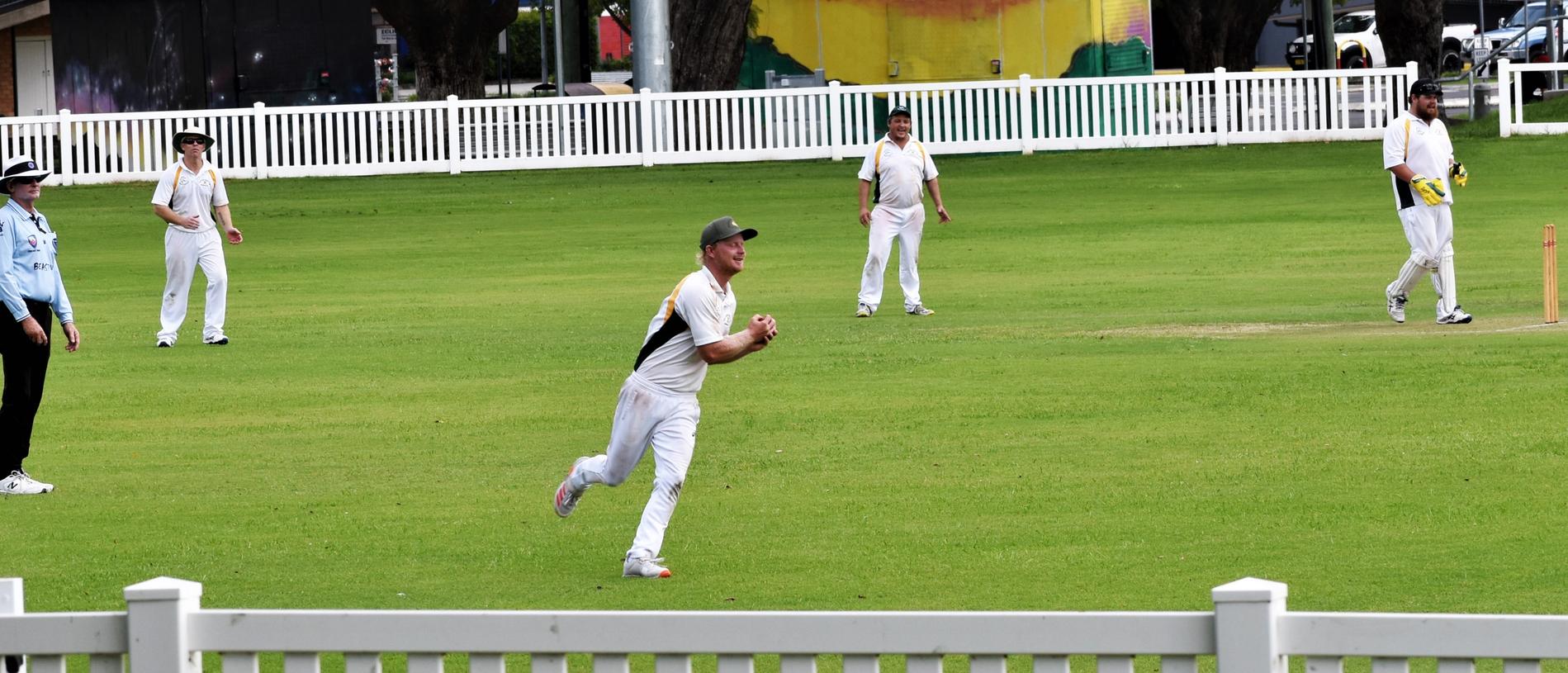 GDSC Easts-Westlawn Crown Hotel's Shannon Connor hangs onto an outfield catch in the CRCA GDSC Premier League preliminary final against Ulmarra Hotel Tucabia Copmanhurst at Ellem Oval on Saturday, 20th March, 2021.