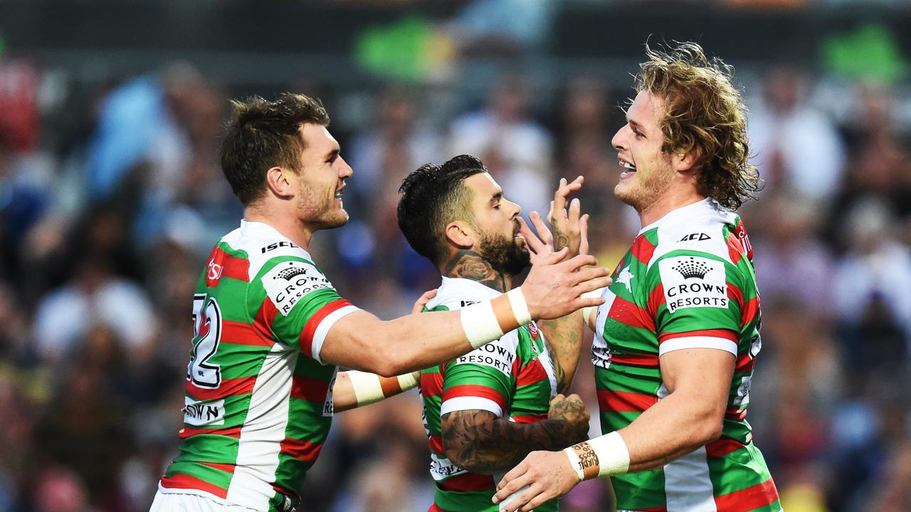 Rabbitohs celebrate a George Burgess try against the Cowboys. Picture: Zak Simmonds