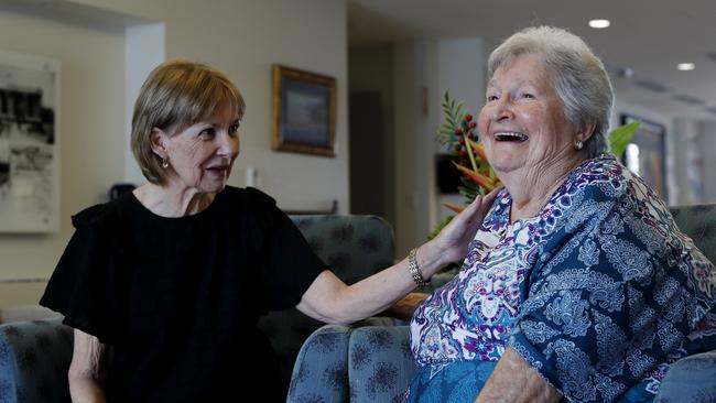 Aged-care residents and friends Julie Rankin and Fay Harris are among the first wave of Australian COVID vaccinations this week. Picture: Nikki Short