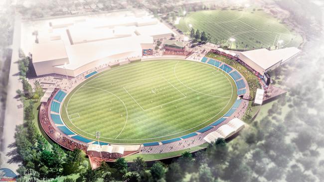 Artist impression of the Adelaide Crows’ proposed new base at Thebarton Oval. Credit: City Collective