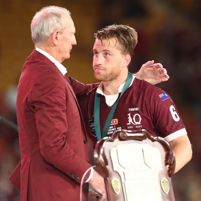 Wayne Bennett congratulates Cameron Munster for winning the Wally Lewis medal in 2020. Credit: NRL Images.