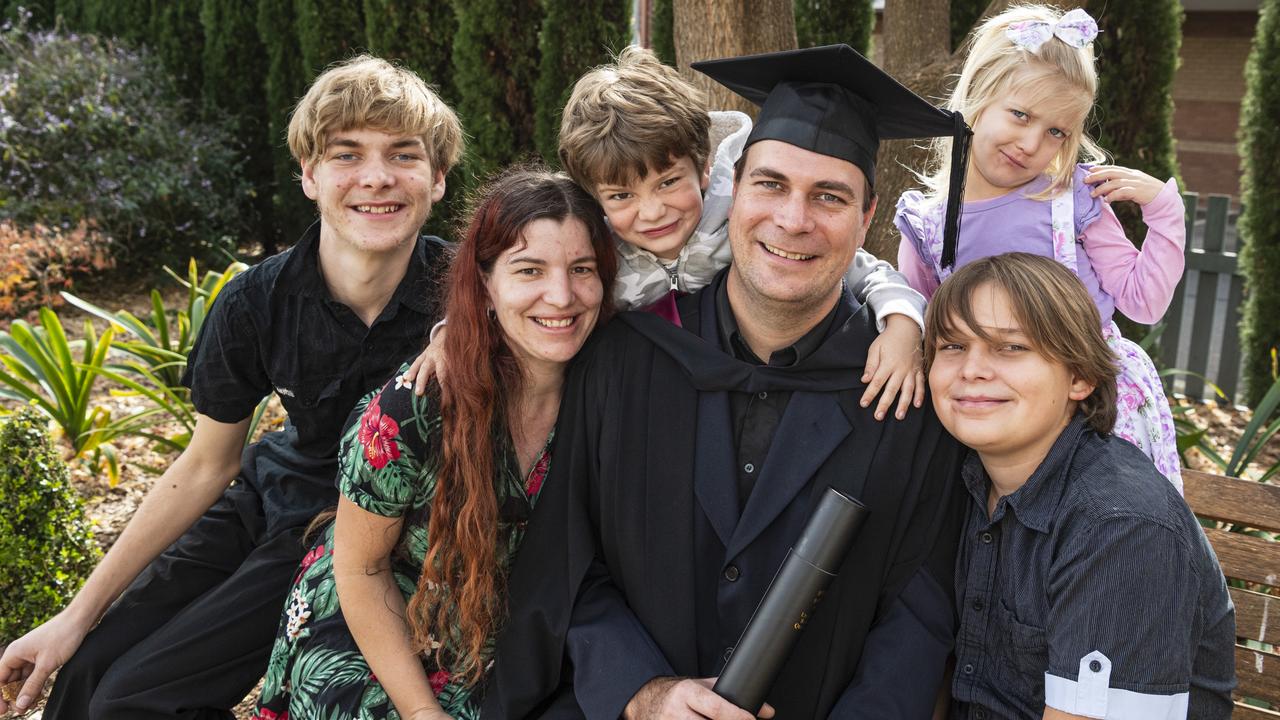 Bachelor of Engineering (Mechanical Engineering) with First Class Honours graduate Andrew Jawney with family (from left) Sam, Jess, Jeremiah, Noah and Liahna Jawney at a UniSQ graduation ceremony at The Empire, Tuesday, June 25, 2024. Picture: Kevin Farmer