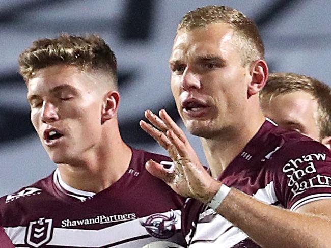 Tom Trbojevic of the Sea Eagles reacts after scoring a try during the Round 3 NRL match between the Manly Warringah Sea Eagles and the Canterbury-Bankstown Bulldogs at Central Coast Stadium in Gosford, Sunday, May 31, 2020. (AAP Image/Brendon Thorne) NO ARCHIVING, EDITORIAL USE ONLY