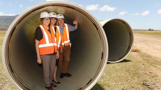 Former Herbert MP Cathy O'Toole, Townsville Mayor Jenny Hill and Labor Shadow Minister for Northern Australia and Trade Jason Clare at the Haughton Pipeline near Ross River Dam in 2018. Picture: Shae Beplate.