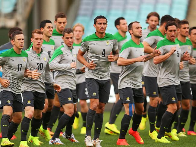 SYDNEY, AUSTRALIA - MAY 25: Australian players warm up during an Australian Socceroos training session at ANZ Stadium on May 25, 2014 in Sydney, Australia. (Photo by Brendon Thorne/Getty Images)