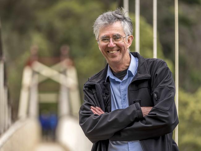 Author Steve Biddulph on the Alexandra Suspension Bridge, at the Cataract Gorge in Launceston. Picture: Rob Burnett