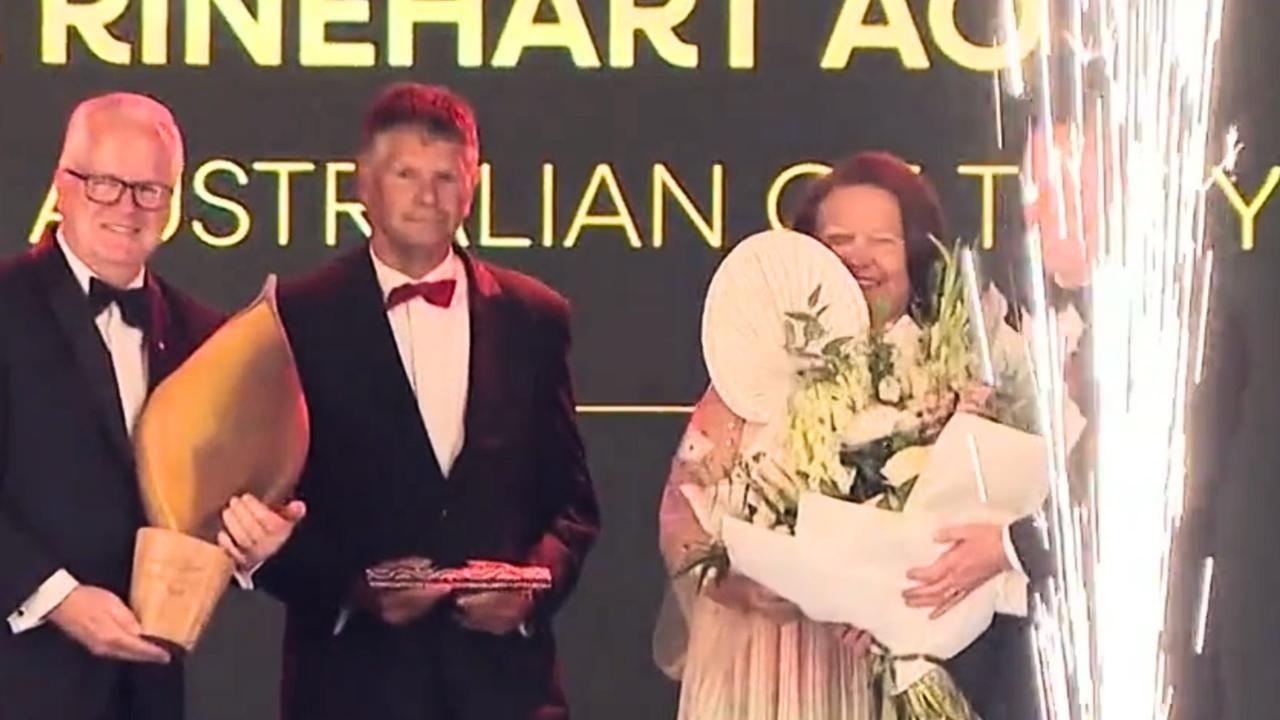 Gina Rinehart (right) was the 50th Western Australian of the Year award winner. Picture: Channel 9 / 9 News Perth