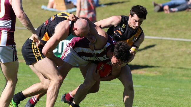 Action from the Lobethal v Nairne Bremer Hills Football League match. The Rams beat the second-placed Tigers by a point. Picture: Supplied, Aliza Fuller