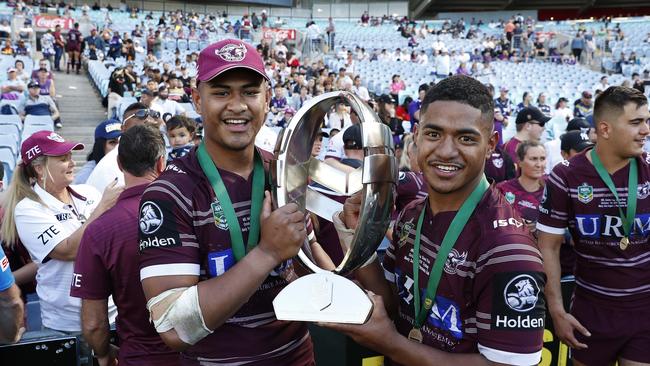 Manly's Haumole Olakau'atu and Manase Fainu celebrate victory after the Parramatta Eels v Manly 2017 Holden Cup U20's Grand Final at ANZ Stadium, Sydney. Picture: Brett Costello