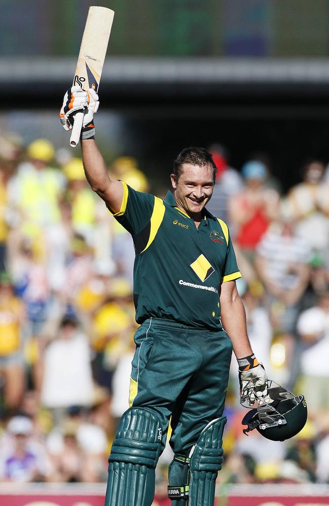 Cricket one-day international (ODI) Sri Lanka versus Australia at Blundstone Arena (Bellerive Oval), Australian batsman Peter Forrest celebrates after making 100 runs (century, ton)