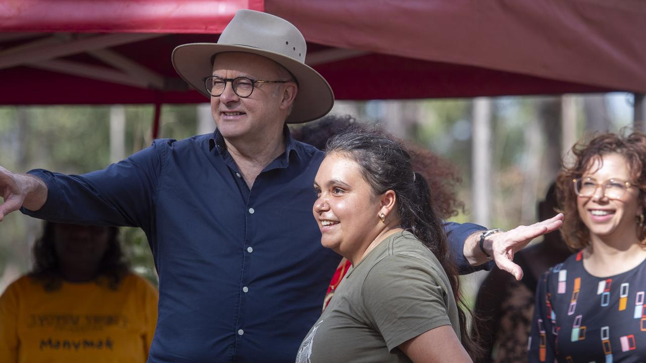 Prime Minister Anthony Albanese with Siena Stubbs, a young Yonglu woman and leader at this year's youth forum at Garma. Picture: Peter Eve / Yothu Yindi Foundation