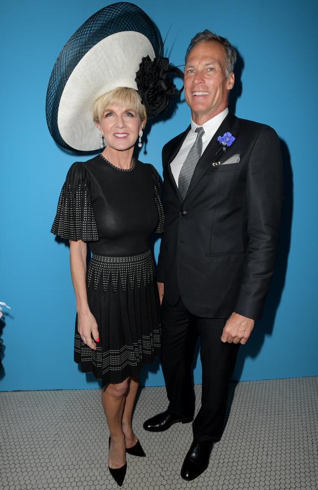 Deputy Liberal Party leader Julie Bishop and her partner David Panton in the Myer Marquee at the Birdcage on Derby Day at Flemington Racecourse. Picture: Tracey Nearmy, AAP Image.