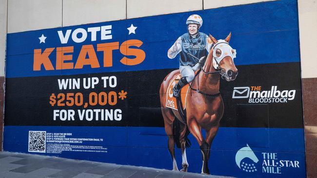 The owners of racehorse Keats created this mural in the Melbourne CBD to encourage people to vote for the “battler”. Picture: Mark Stewart