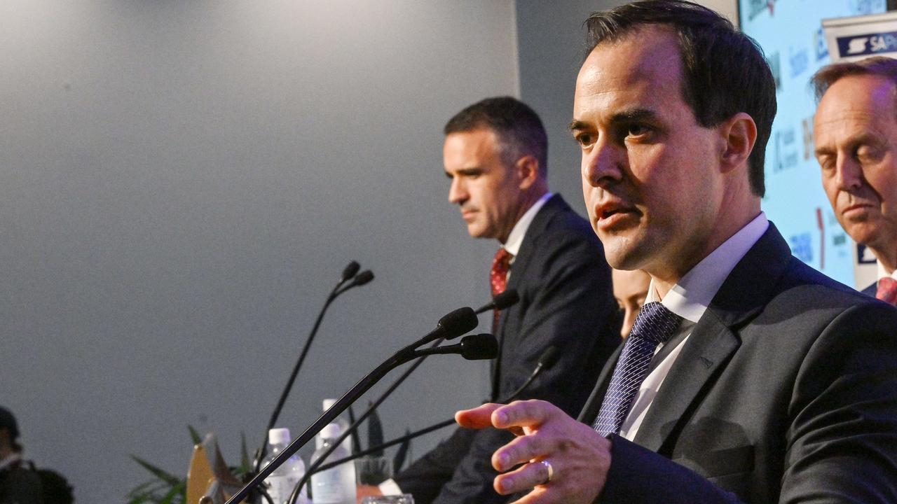 SA Press Club leaders' debate between Premier Peter Malinauskas, left, and Opposition Leader Vincent Tarzia. Picture: Brenton Edwards.