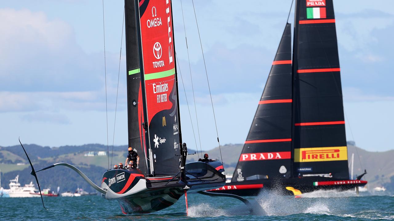 AUCKLAND, NEW ZEALAND – MARCH 12: Emirates Team New Zealand chases Luna Rossa Prada Pirelli Team in America's Cup Race #3 between Emirates Team New Zealand and Luna Rossa Prada Pirelli Team on Auckland Harbour on March 12, 2021 in Auckland, New Zealand. (Photo by Fiona Goodall/Getty Images)