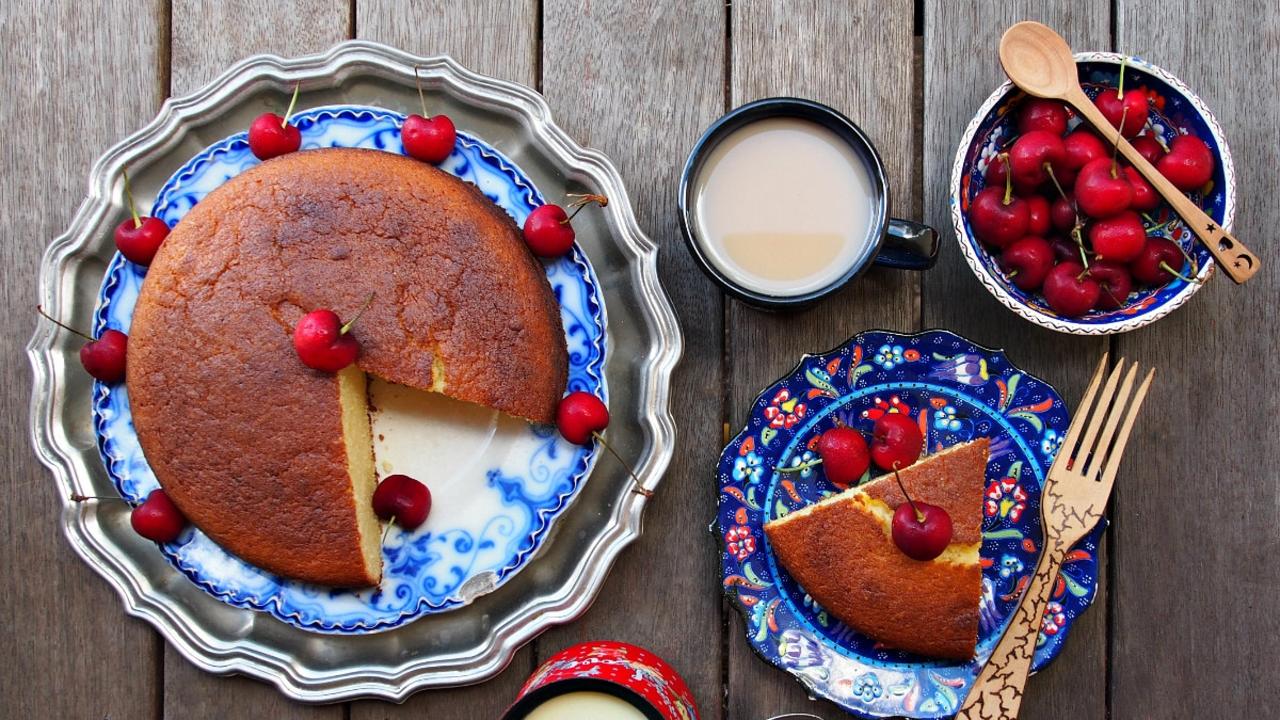 Warm Butter Cake with fresh cherries