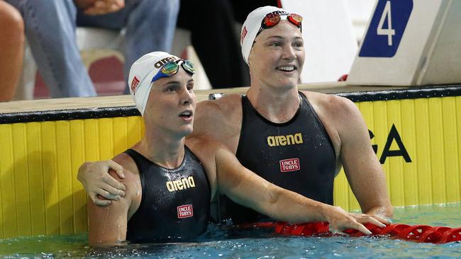 Bronte and Cate Campbell pictured during the Womens Open 100m Freestyle at the Swimming Queensland 2017 McDonalds Queensland Championships at the Sleeman Swimming Centre, Brisbane 11th of December 2017. (AAP Image/Josh Woning)