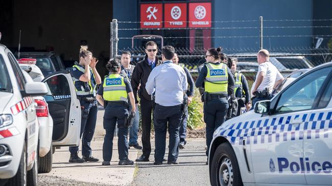 Police attend the scene of a double shooting in Ravenhall. Picture: Jake Nowakowski