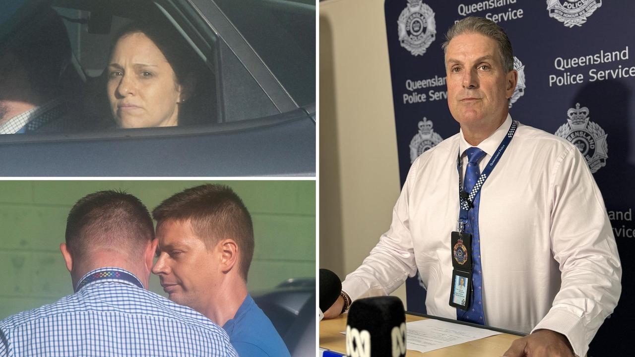 Left: Diana’s parents, Jessica and Adam Hanbury are escorted by police to the Mackay watch-house. Right: Detective Superintendent Darrin Shadlow speaking on Wednesday about what led up to detectives charging Mr and Mrs Hanbury over the death of their two-year-old daughter. Picture: Heidi Petith